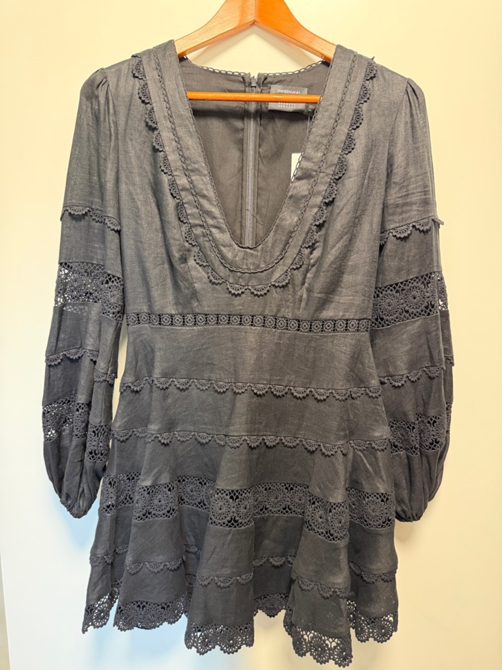 Zimmermann Barneys New York collaboration. Black linen Crochet-Trim Mini Dress
